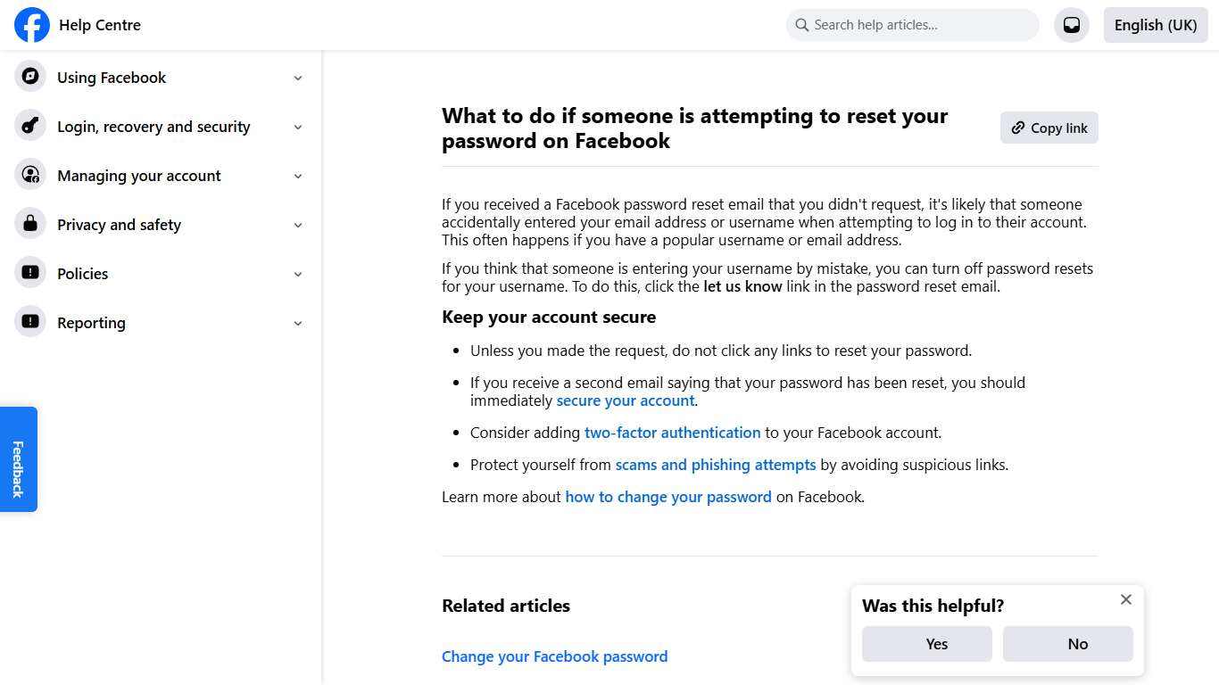 What to do if someone is attempting to reset your password on Facebook Facebook Help Centre